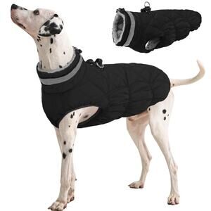 FUAMEY XL Waterproof Dog Coat L Black Winter Jacket w/ Harness Fleece Reflective